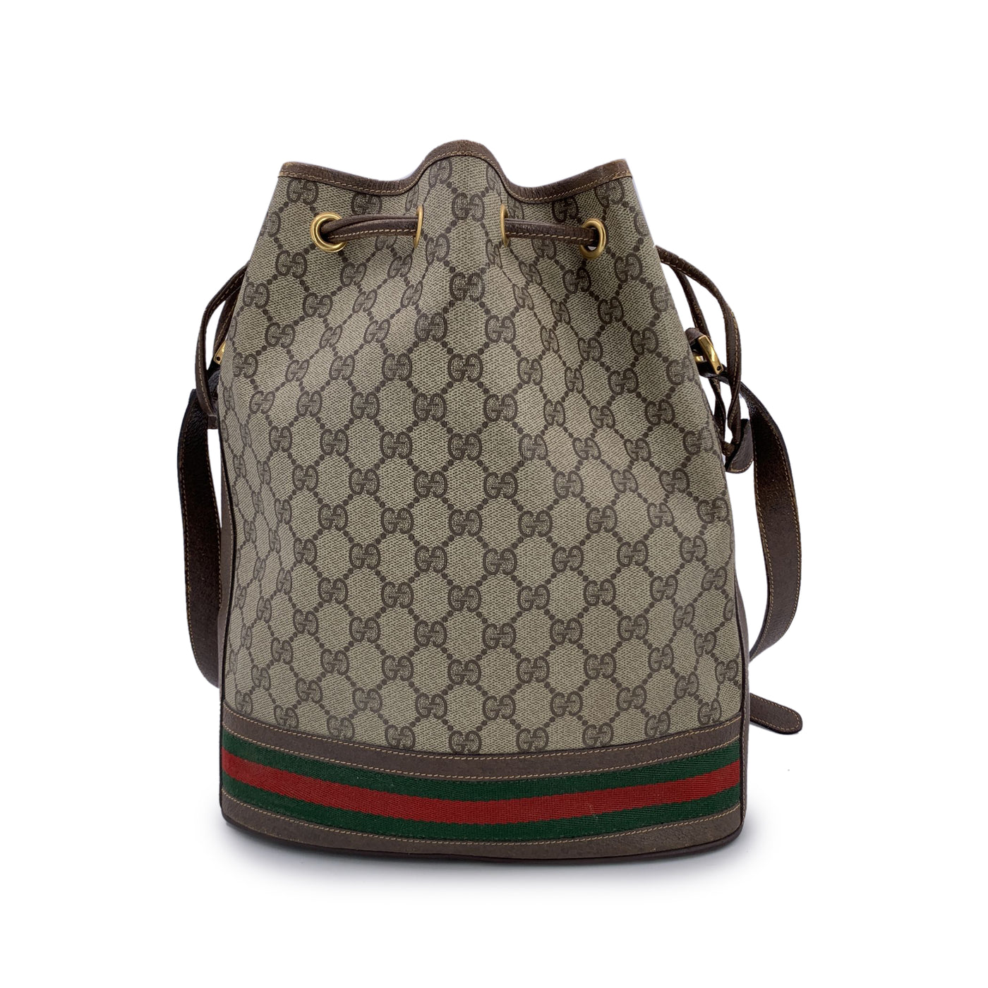 Gucci Vintage Beige Monogram Web Drawstring Bucket Bag