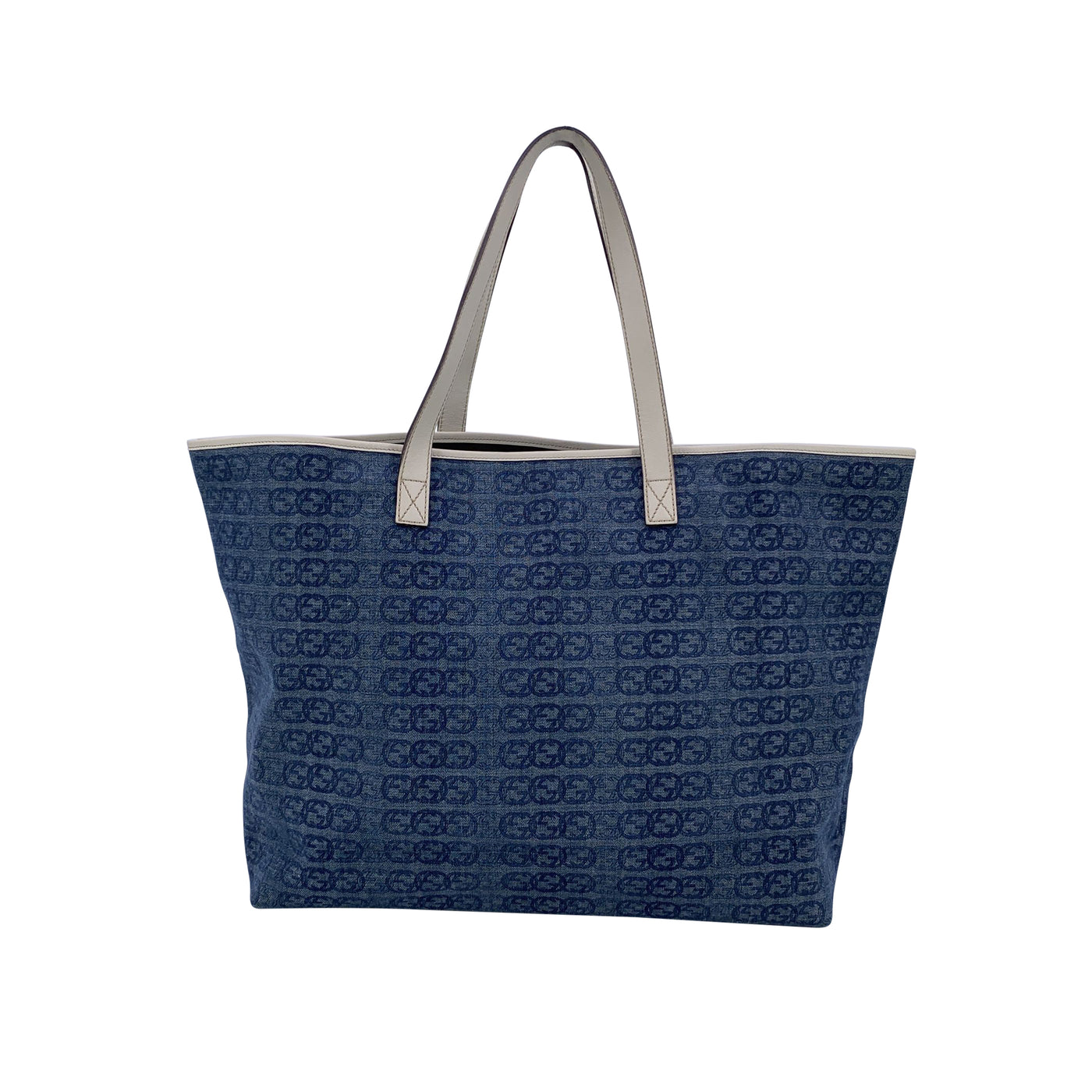 Gucci Blue Logo Denim and Leather Tote Bag Shopper White