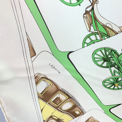 Hermes Vintage White Green Silk Scarf Carrosserie1975 Ledoux