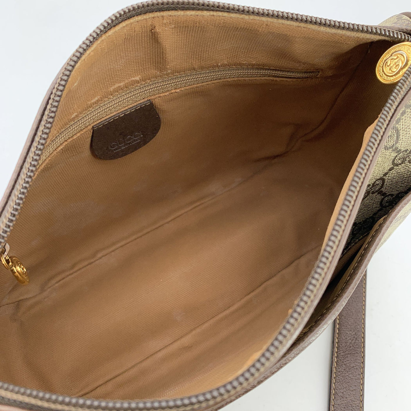 Gucci Vintage Beige Monogram Canvas Zip Messenger Crossbody Bag