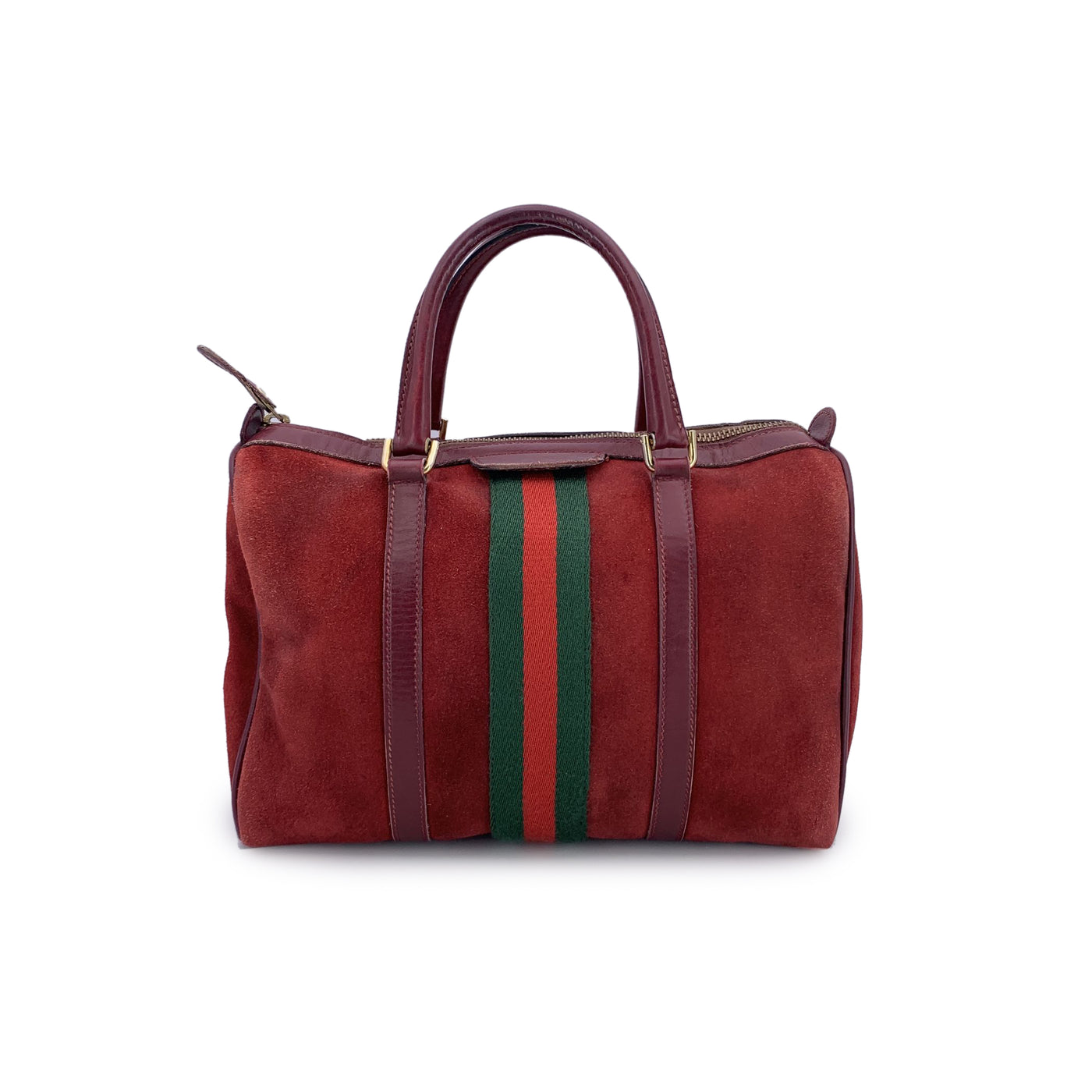 Gucci Vintage Burgundy Suede Web Stripes Boston Bag Handbag