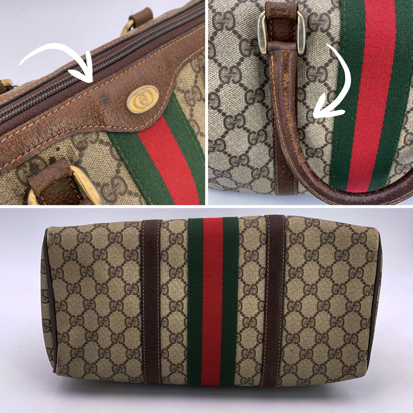Gucci Vintage Brown Monogram Canvas Leather Web Boston Bag