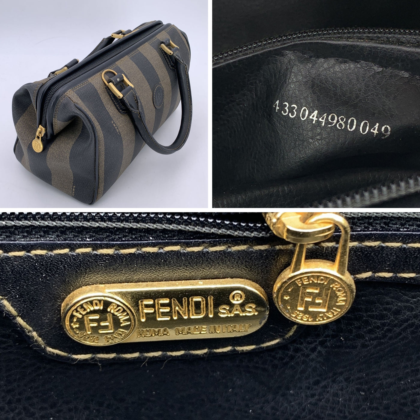 Fendi Vintage Pequin Striped Canvas Small Boston Bag Black