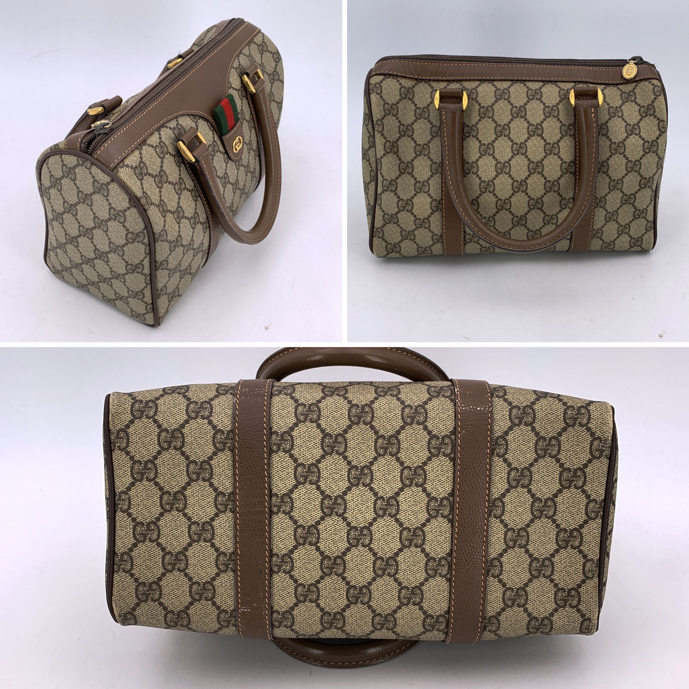 Gucci Vintage Beige Monogram Canvas and Leather Web Boston Bag