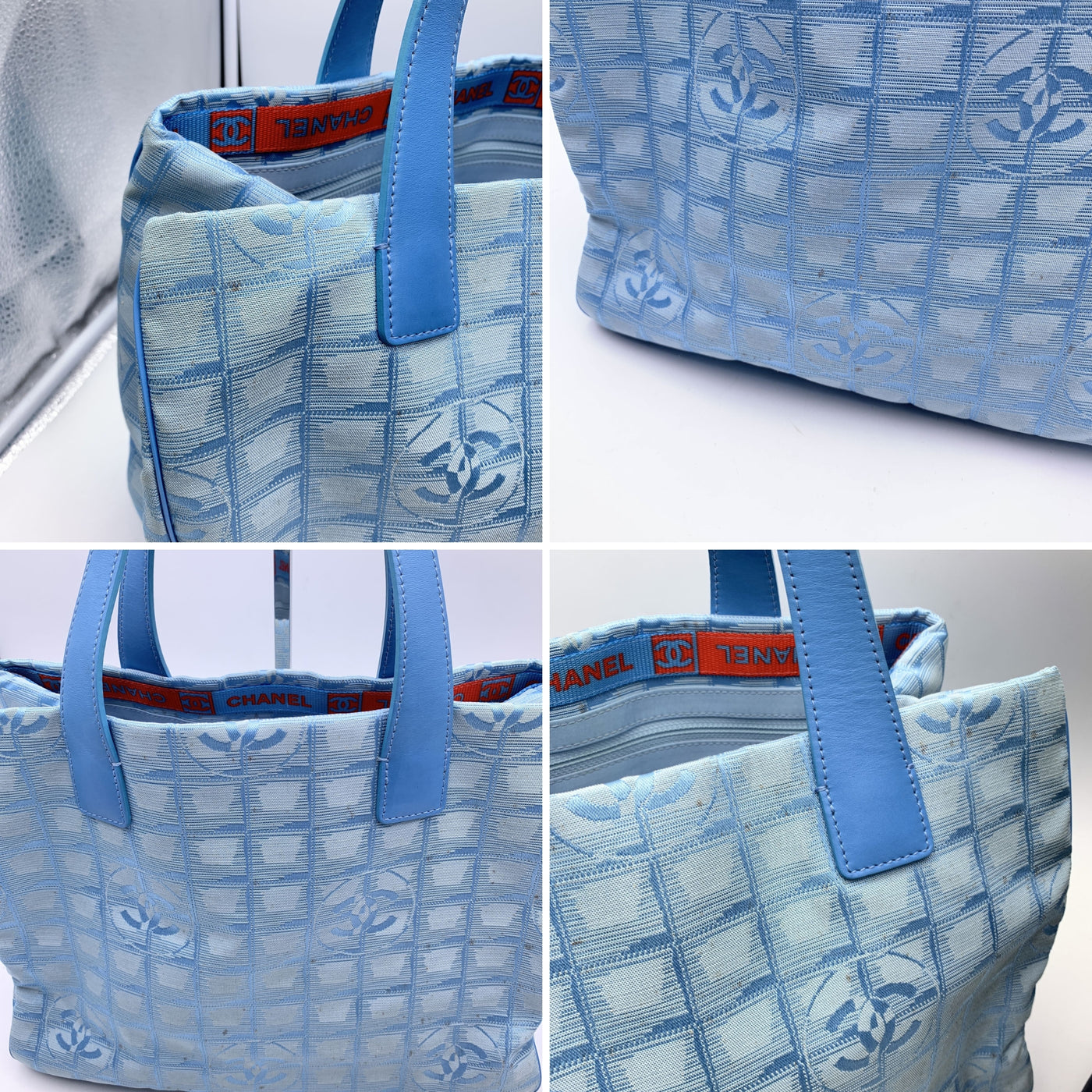 Chanel 2000s Light Blue Nylon New Travel Line Tote Shoulder Bag