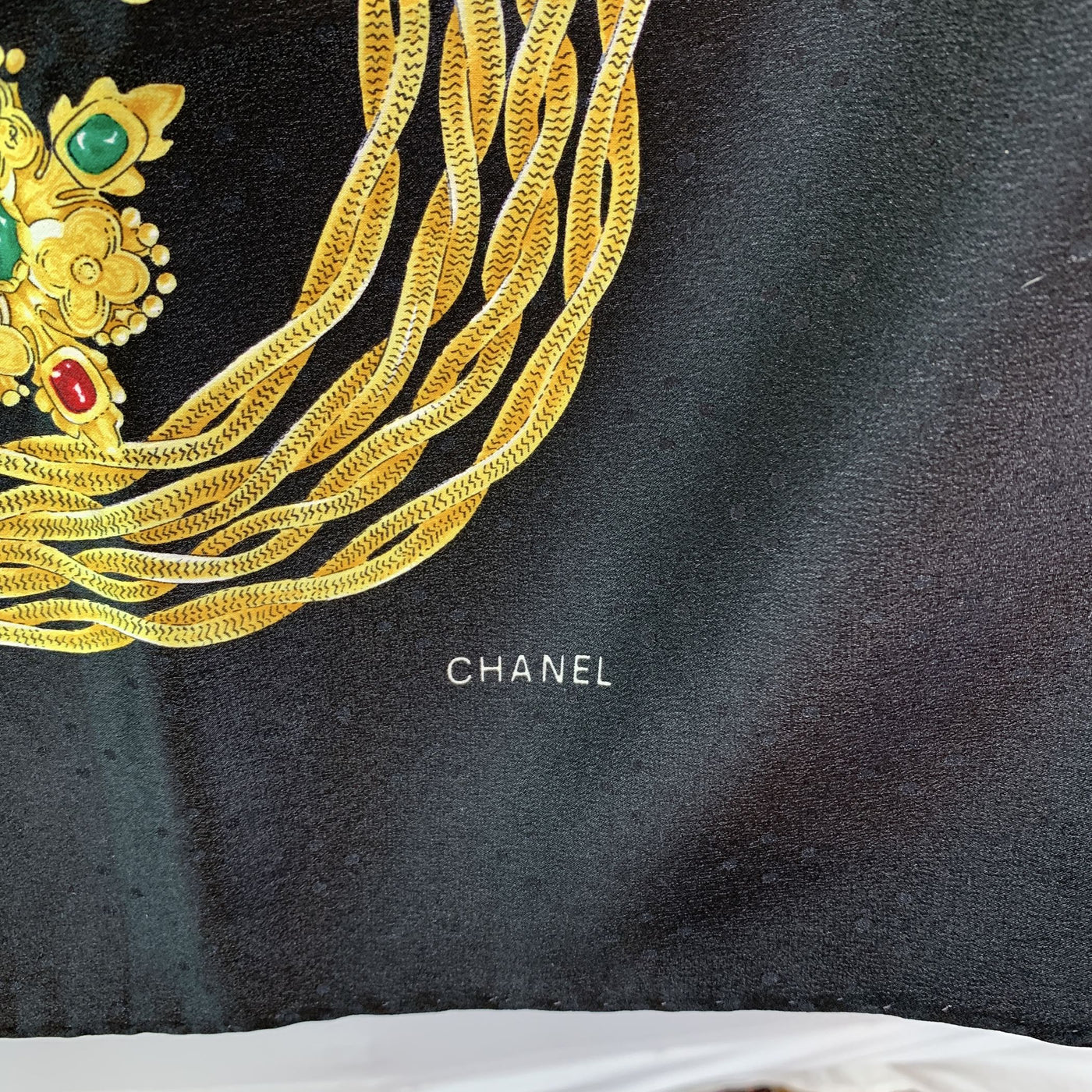 Chanel Vintage Black Silk Scarf Bijoux Jewels Print