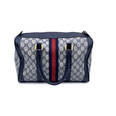 Gucci Vintage Blue Monogram Canvas and Leather Web Boston Bag