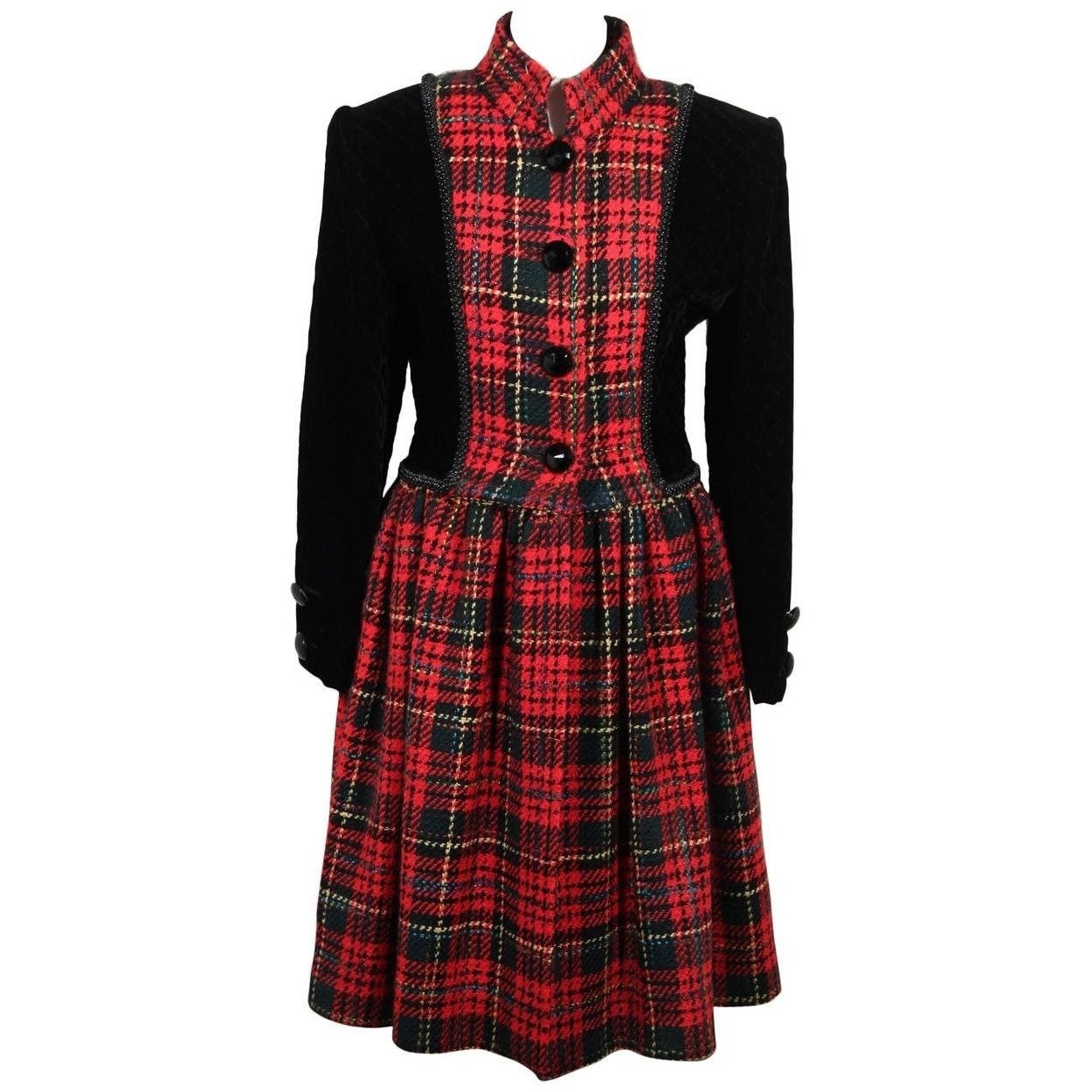 Andrea Odicini Vintage Black Velvet Red Tartan Coat Robe Manteau