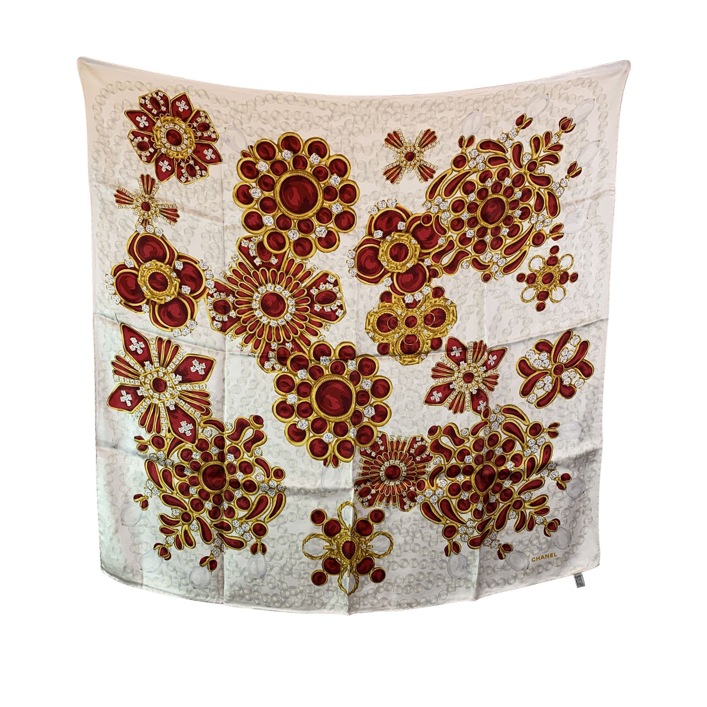 Chanel Vintage Beige Silk Scarf Gripoix Bijoux Jewels Print