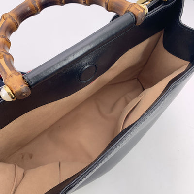 Gucci Black Leather Nymphaea Tote Bag Bamboo Handle with Strap