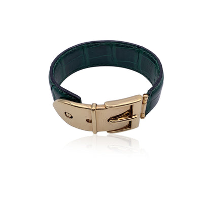 Gucci Vintage Green Leather Belt Bangle Cuff Bracelet Gold Buckle