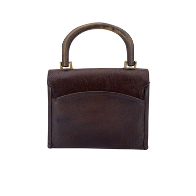 Gucci Vintage Brown Leather Top Wood Handle Bag Handbag