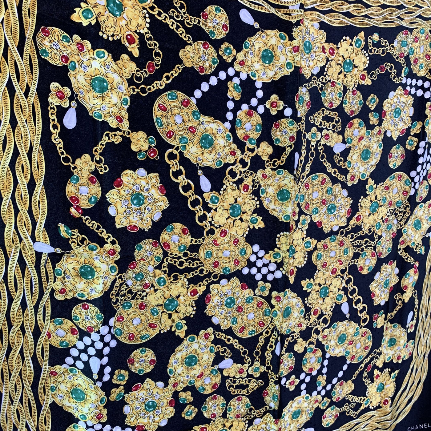 Chanel Vintage Black Silk Scarf Bijoux Jewels Print