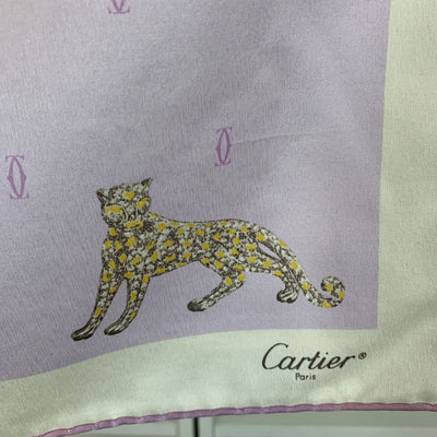 Cartier Vintage Lilac Yellow Logos and Leopard Silk Small Scarf