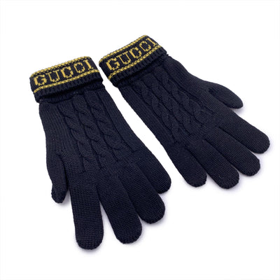 Gucci Black Wool and Leather Unisex Logo Knit Gloves Size M