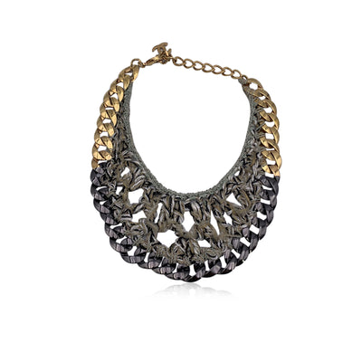 Chanel Gunmetal and Gold Metal Chain GreyTweed Bib Necklace