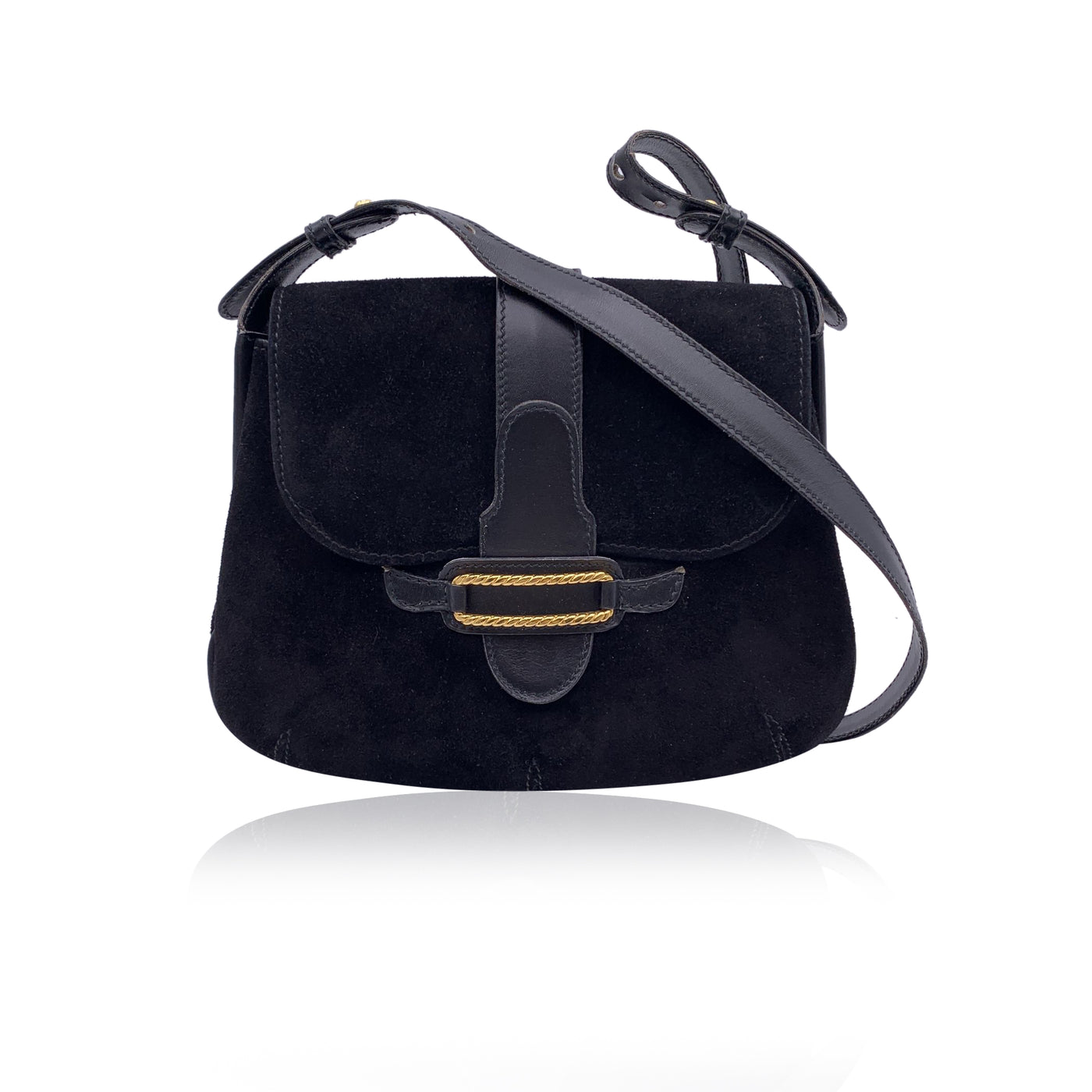 Gucci Vintage Black Suede and Leather Flap Shoulder Bag