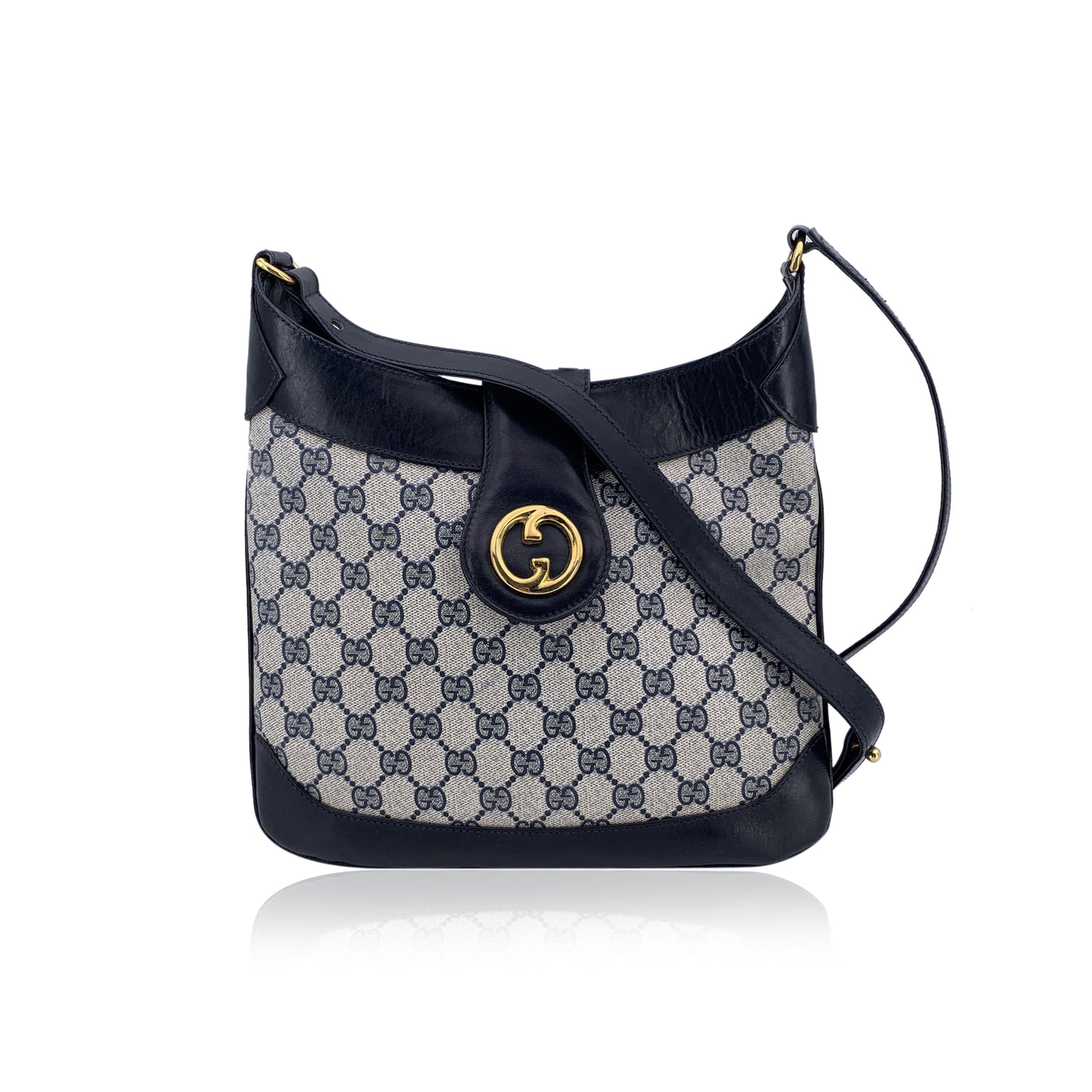 Gucci Vintage Navy Blue Monogram Canvas Logo Shoulder Bag Tote