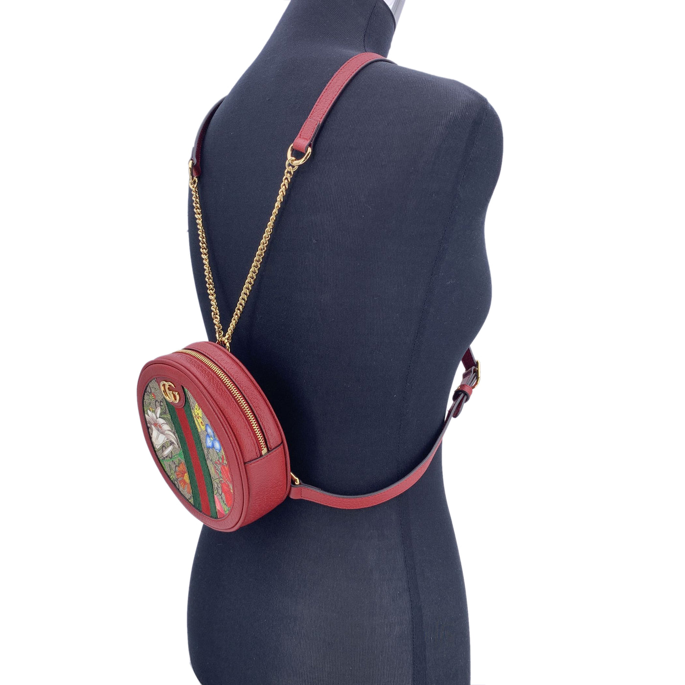 Gucci Monogram Canvas Flora Round Ophidia Mini Backpack Bag Red