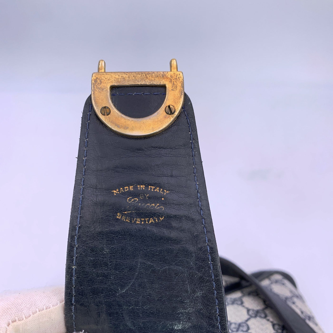 Gucci Vintage Blue Monogram Canvas Shoulder Bag with Stripes