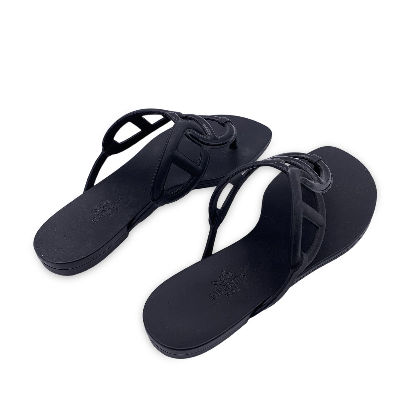 Hermes Paris Black Rubber Egerie Thong Sandals Shoes Size 36