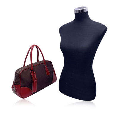 Prada Vintage Brown and Red Leather Bowling Bag Satchel B10804