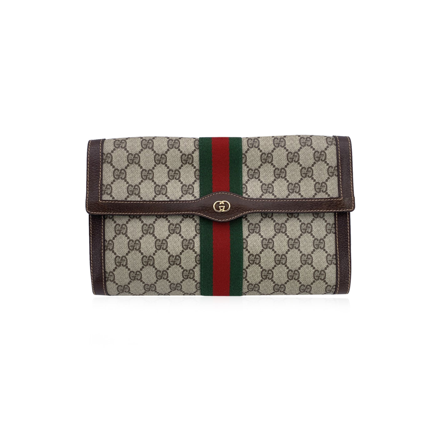 Gucci Vintage Beige Monogram Canvas Flap Cosmetic Bag Clutch