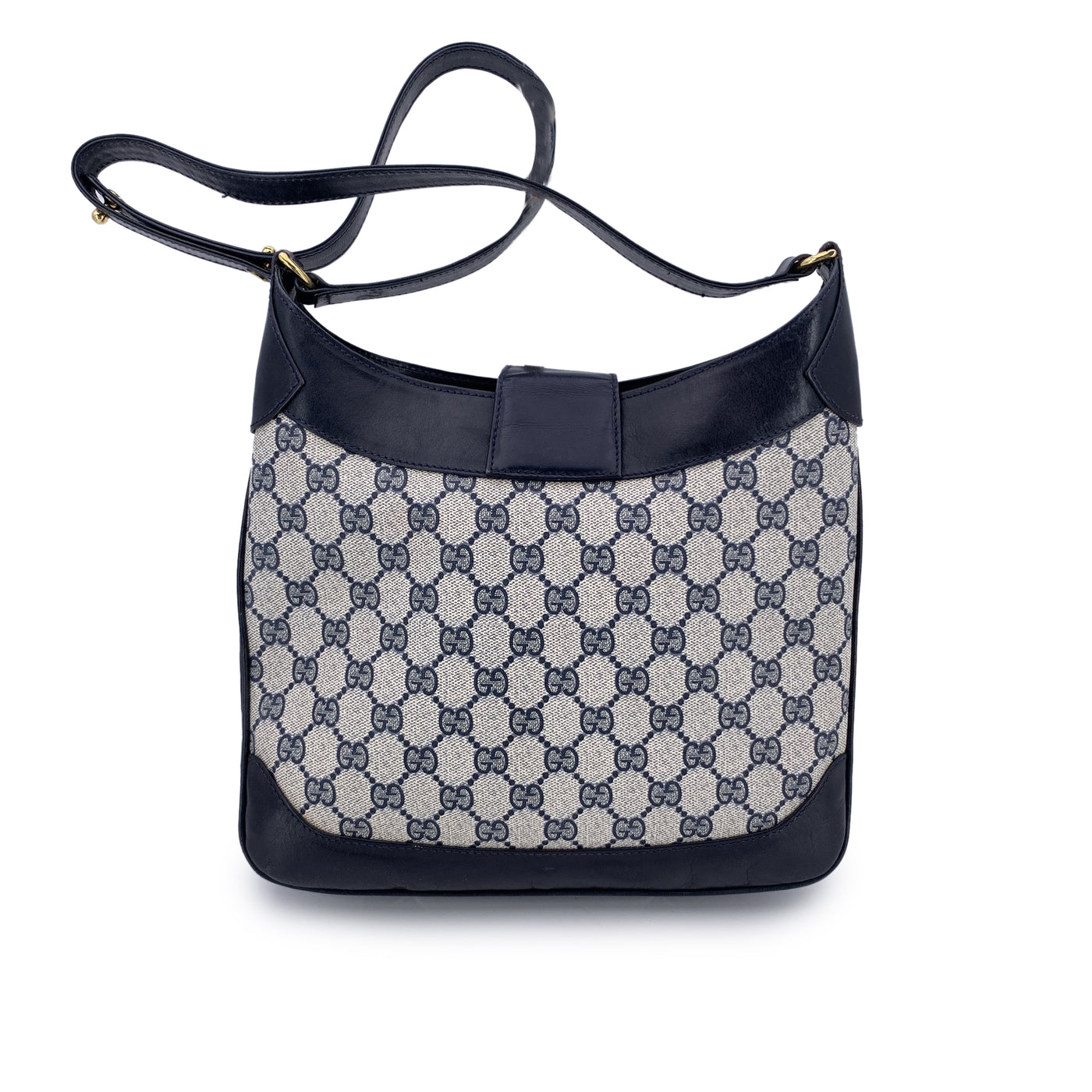 Gucci Vintage Navy Blue Monogram Canvas Logo Shoulder Bag Tote