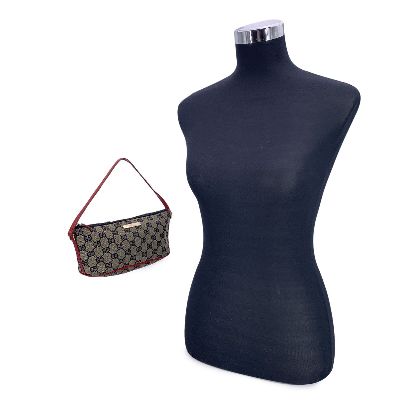 Gucci Beige Red Black Monogram Pochette Boat Shoulder Bag Handbag
