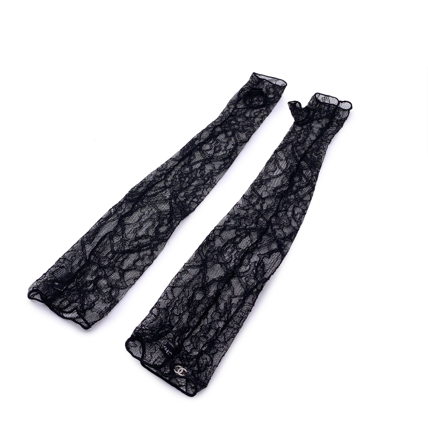 Chanel 2011 Black Floral Lace Fingerless Gloves Size 8