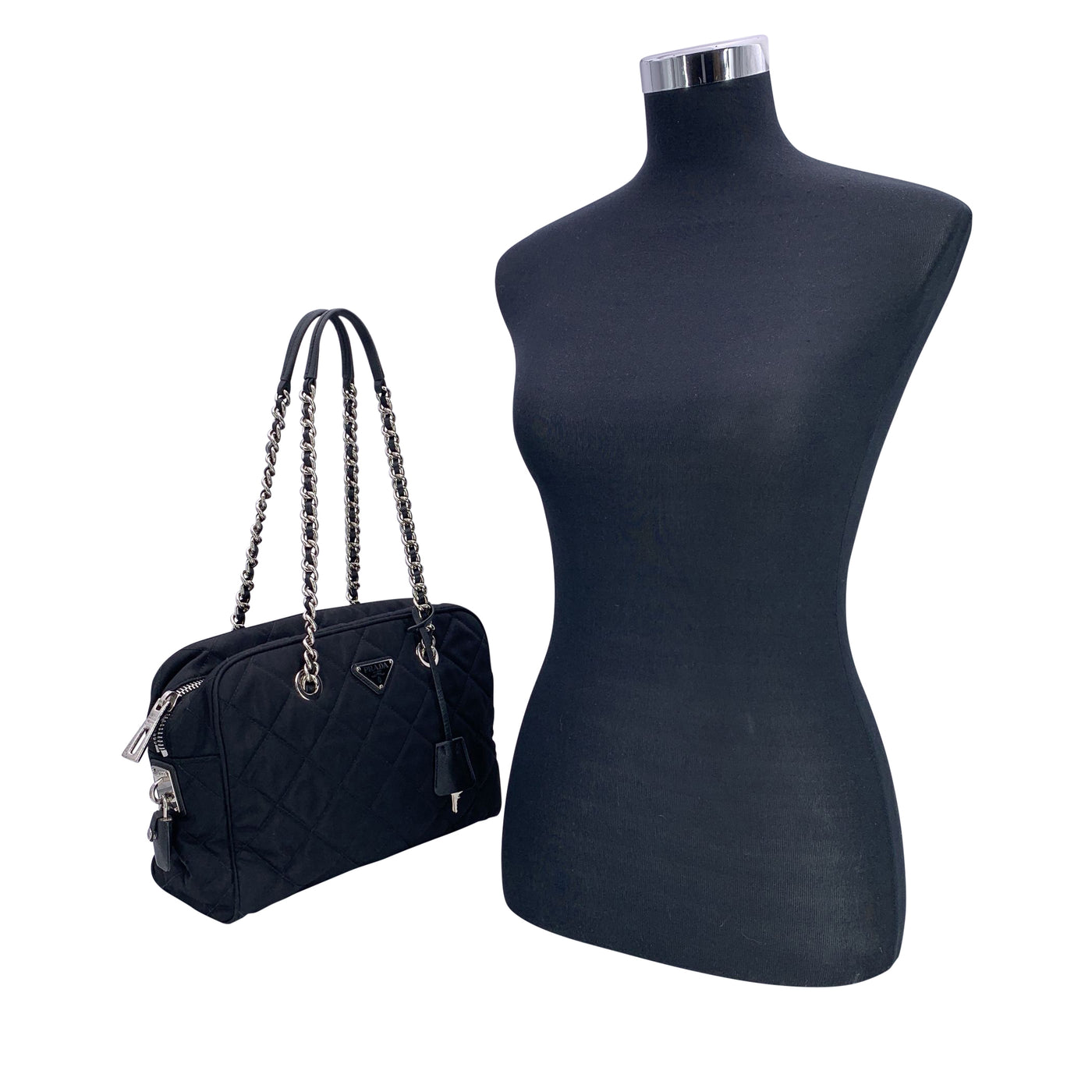 Prada Black Quilted Nylon Fabric Chain Bowling Shoulder Bag
