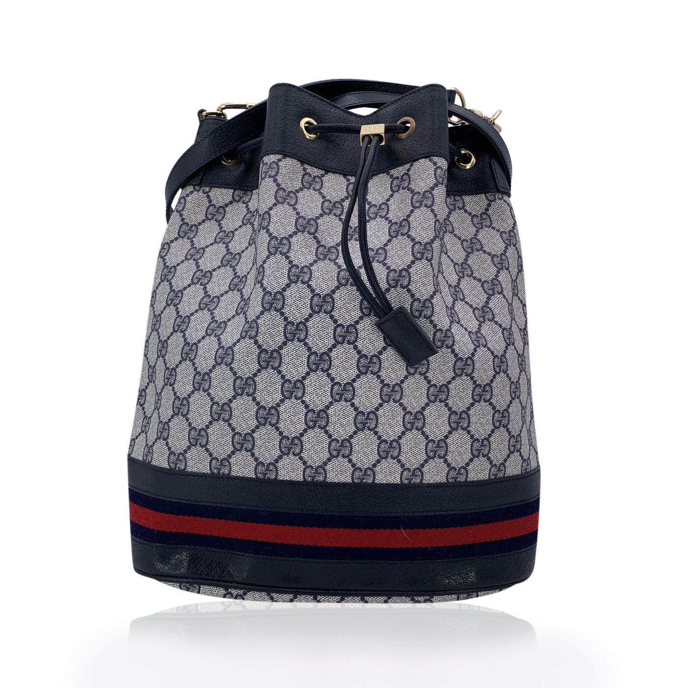 Gucci Vintage Blue Monogram Drawstring Bucket Bag with Stripes