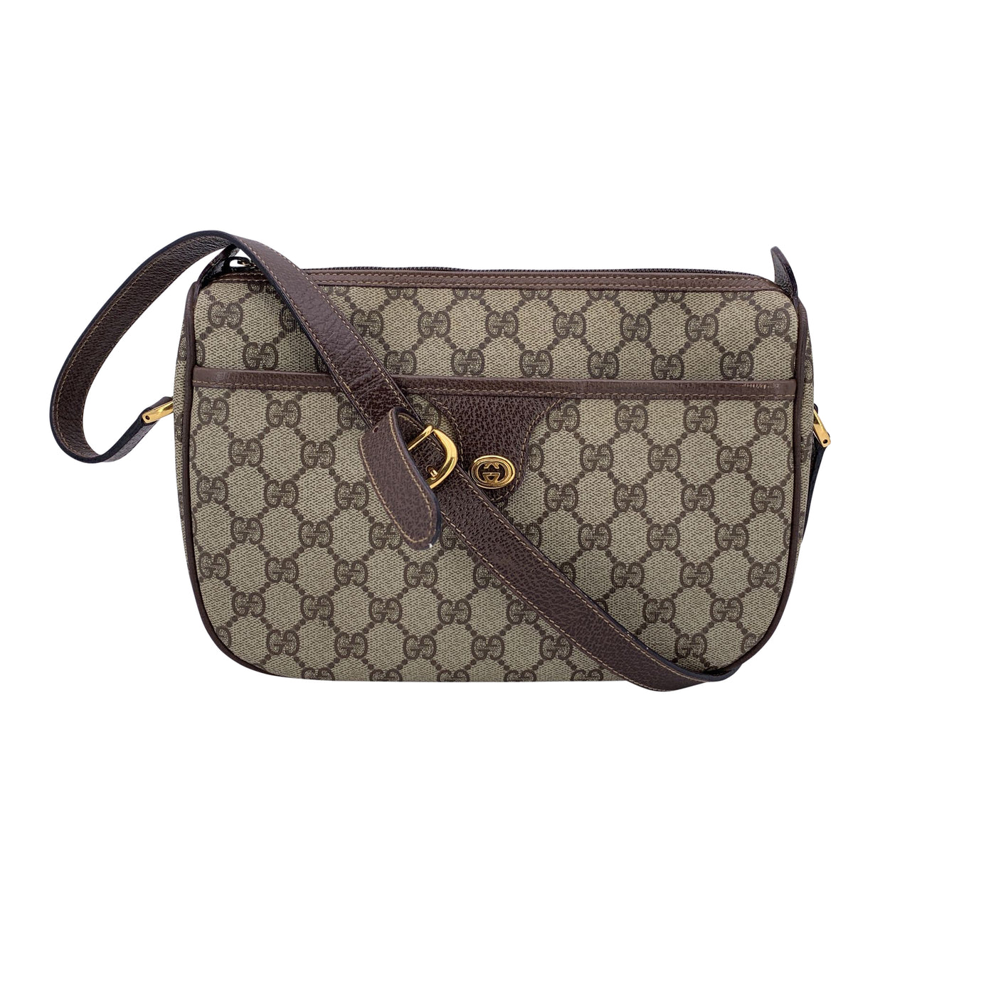 Gucci Vintage Beige Monogram Canvas Zip Messenger Crossbody Bag