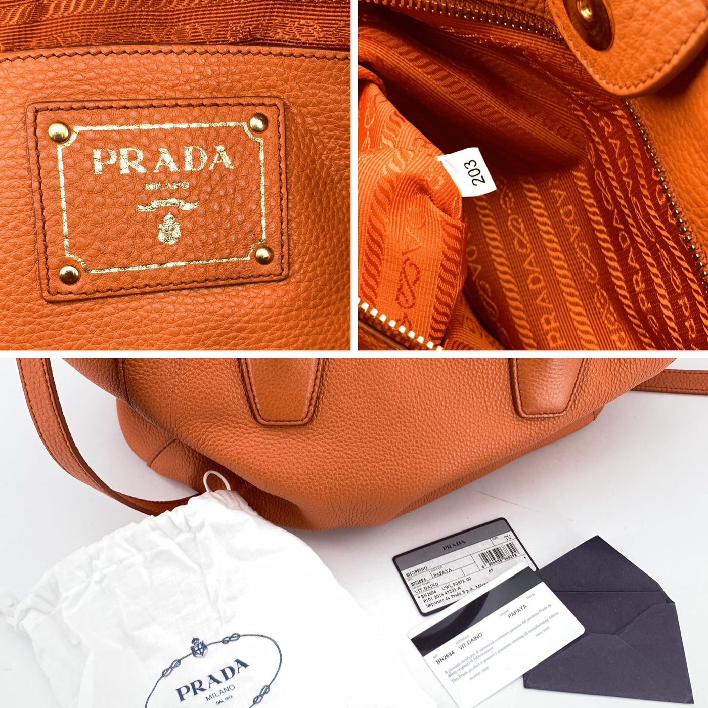 Prada Orange Vitello Daino Leather Tote Shopping Bag with Strap BN2694