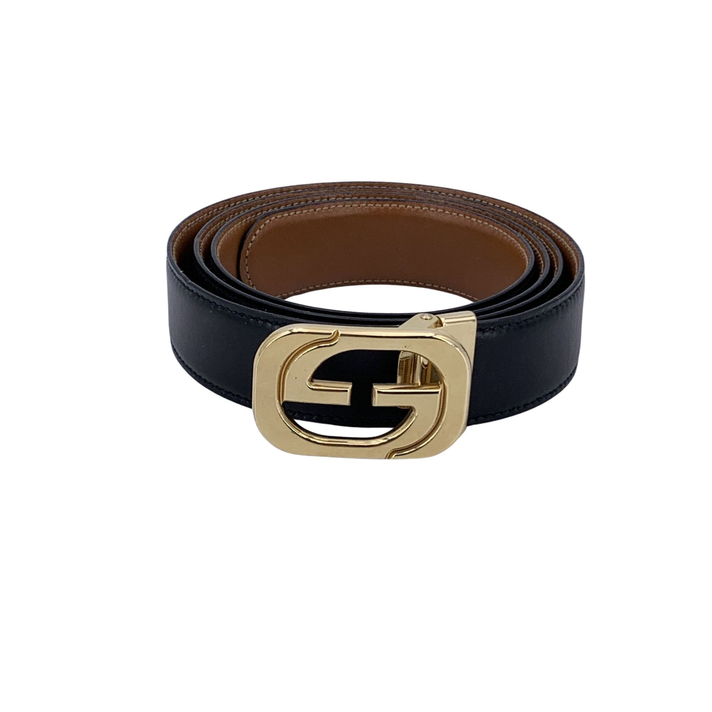 Gucci Black Leather Belt with Gold Metal GG Buckle Size 105/42