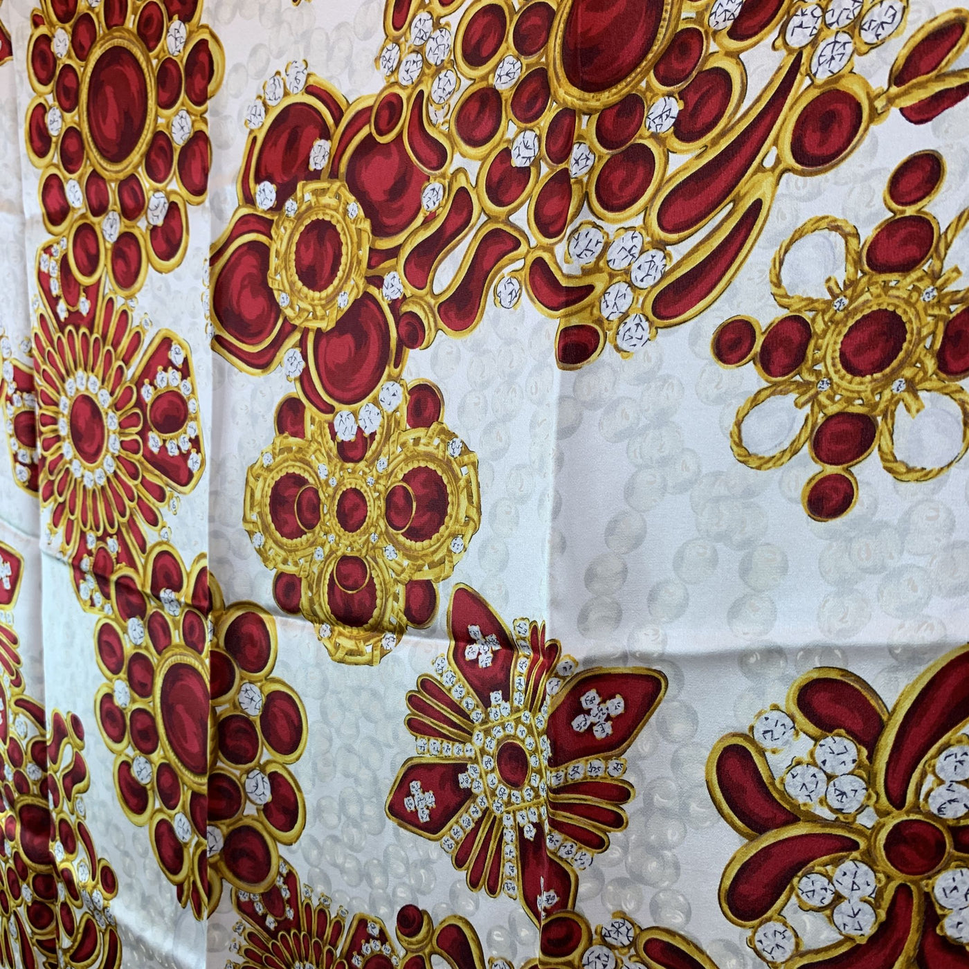 Chanel Vintage Beige Silk Scarf Gripoix Bijoux Jewels Print