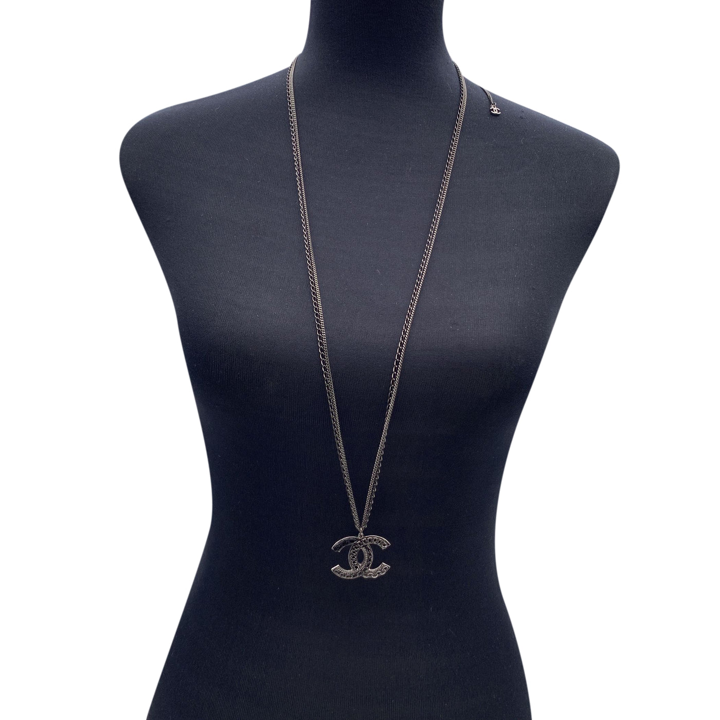 Chanel Gunmetal Double Chain CC Logo Pendant Necklace