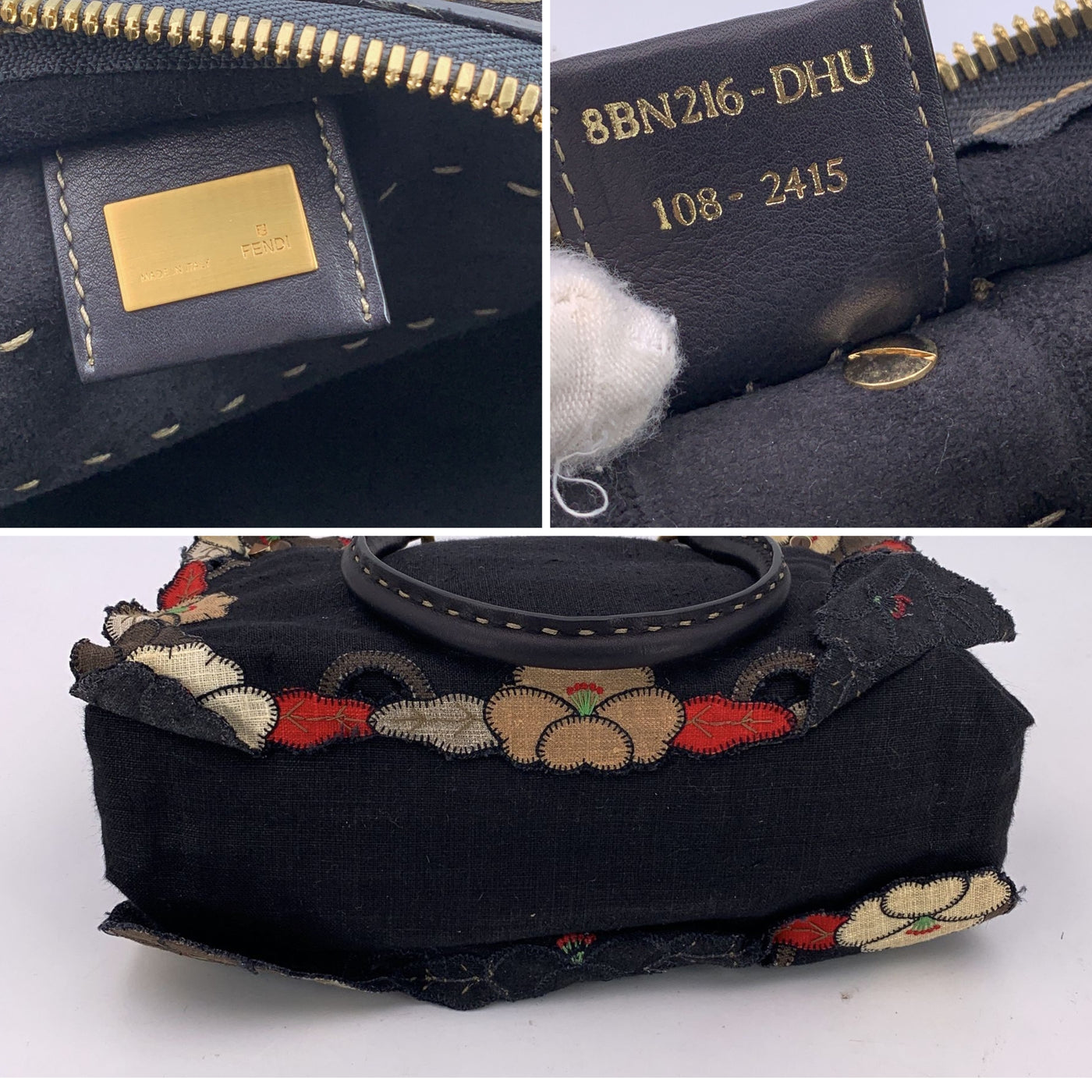Fendi Black Canvas and Leather Floral Applique Satchel Handbag