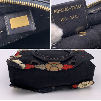 Fendi Black Canvas and Leather Floral Applique Satchel Handbag