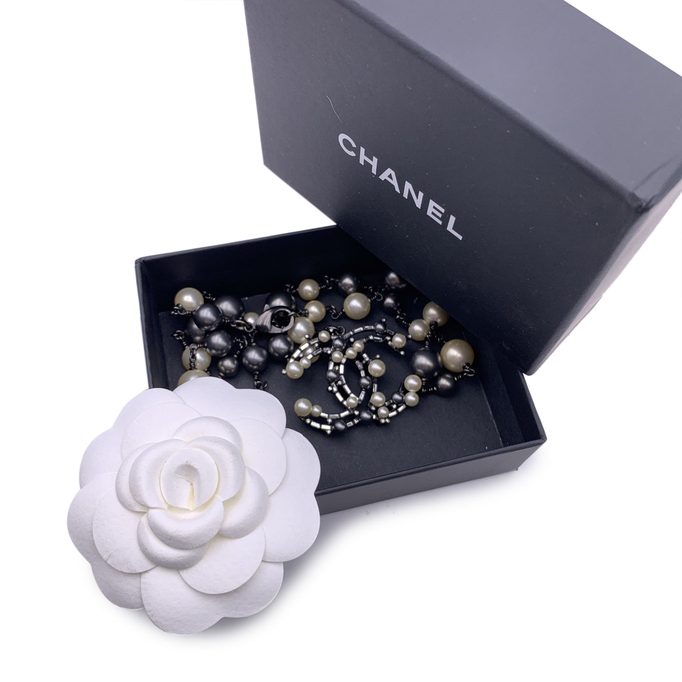 Chanel Ruthenium Metal Pearl Baguette Crystal CC Pendant Necklace