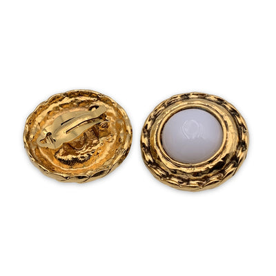 Chanel Vintage Gold Metal White Cabochons Clip On Earrings