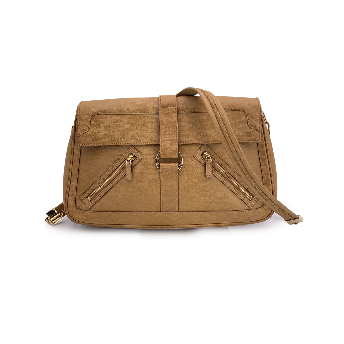 Gucci Beige Leather Zip Pockets Shoulder Bag
