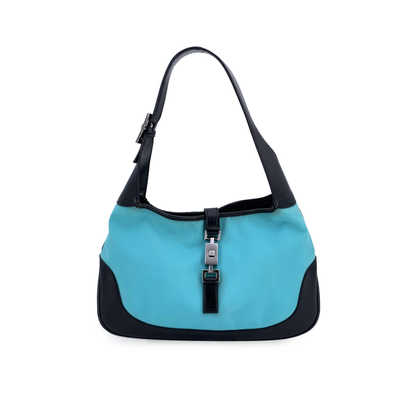 Gucci Turquoise Canvas Black Leather Jackie Hobo Bag Handbag