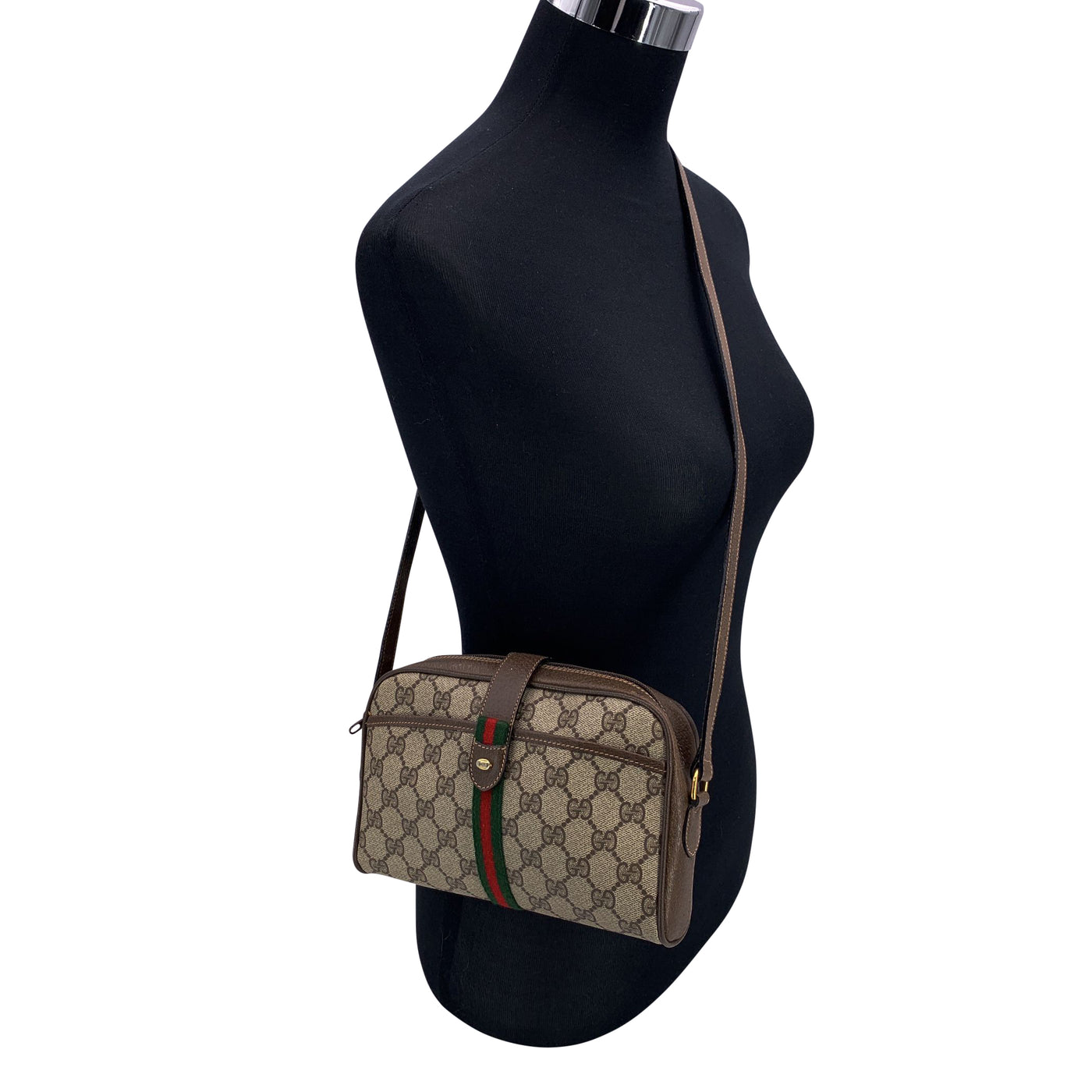 Gucci Vintage Brown Monogram Ophidia Web Zip Crossbody Bag