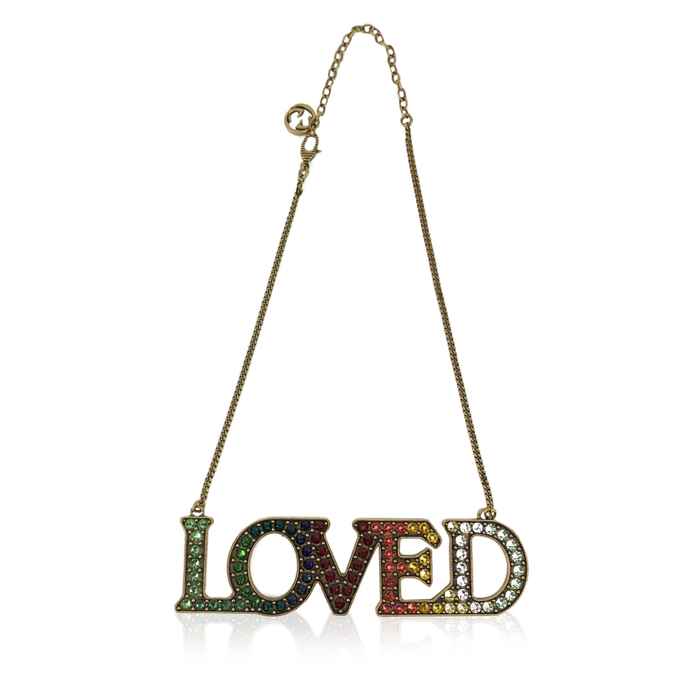 Gucci Gold Metal Necklace with Loved Pendant Multicolor Crystals