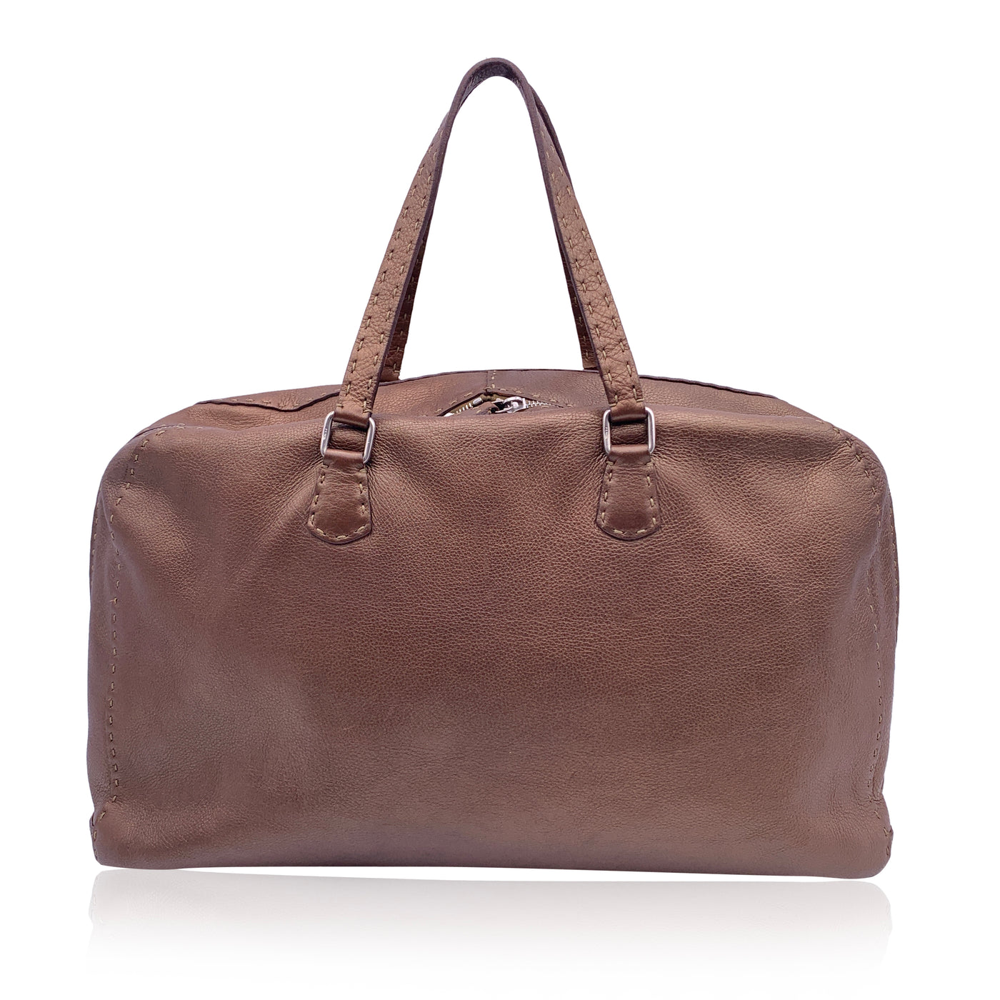 Fendi Selleria Brown Metallic Leather Large Satchel Handbag Duffle