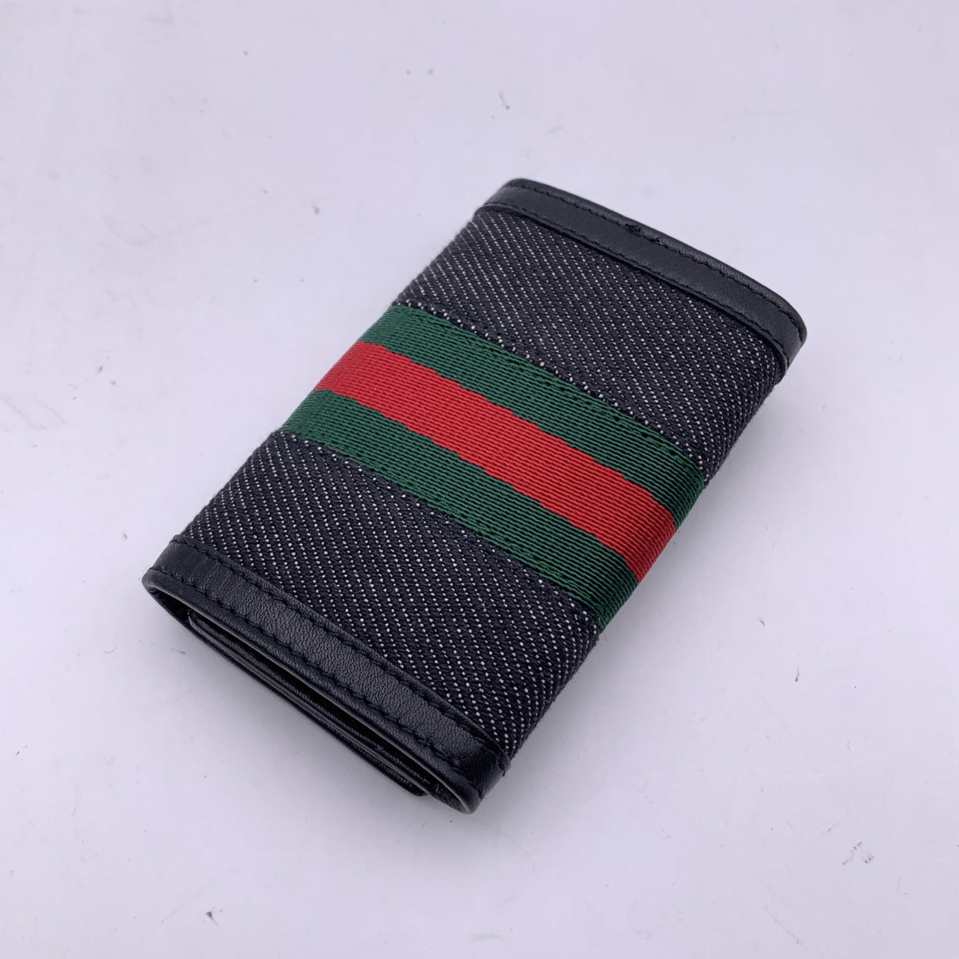 Gucci Black Denim Canvas and Leather Web 6 Key Case Holder Pouch