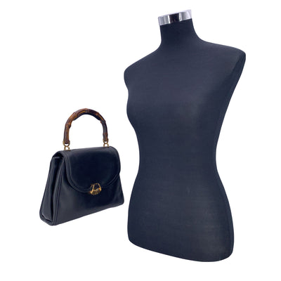 Gucci Rare Vintage Black Leather Bamboo Top Handle Bag Handbag