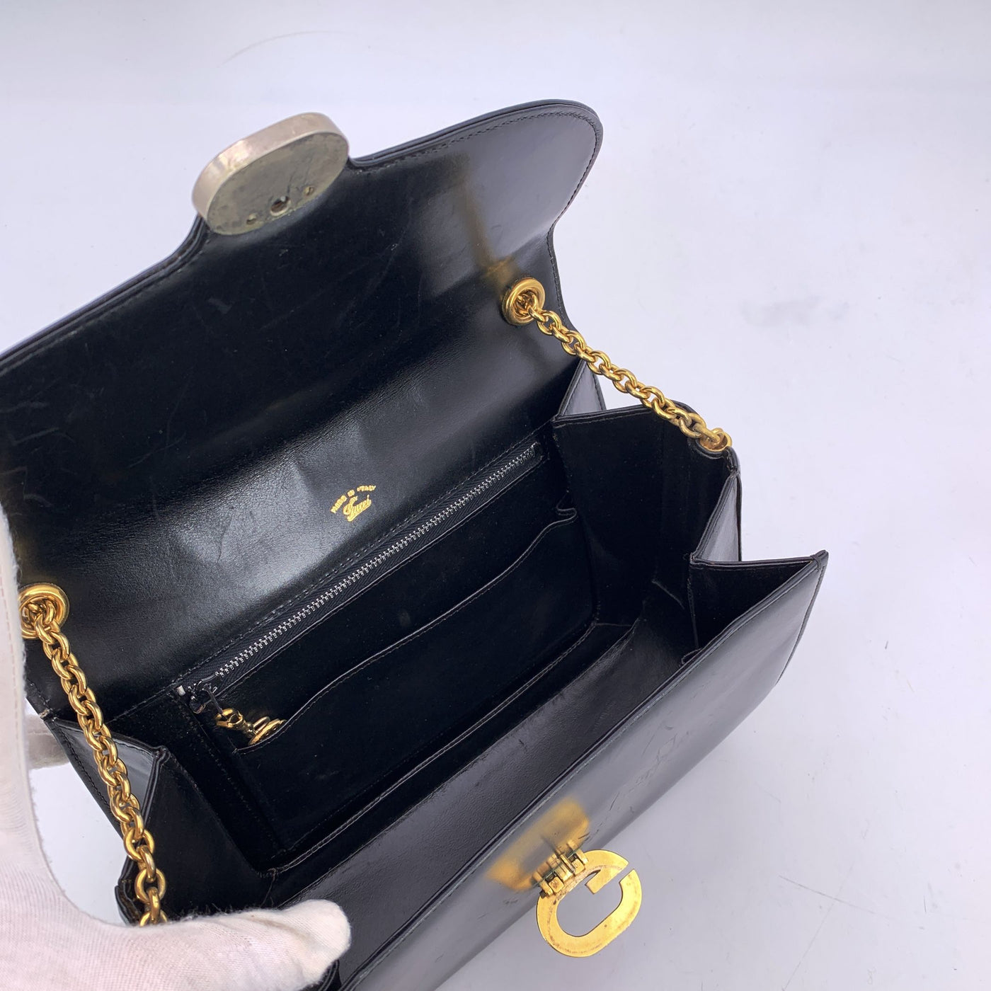 Gucci Vintage Black Leather Box Flap Shoulder Bag with Chain Strap