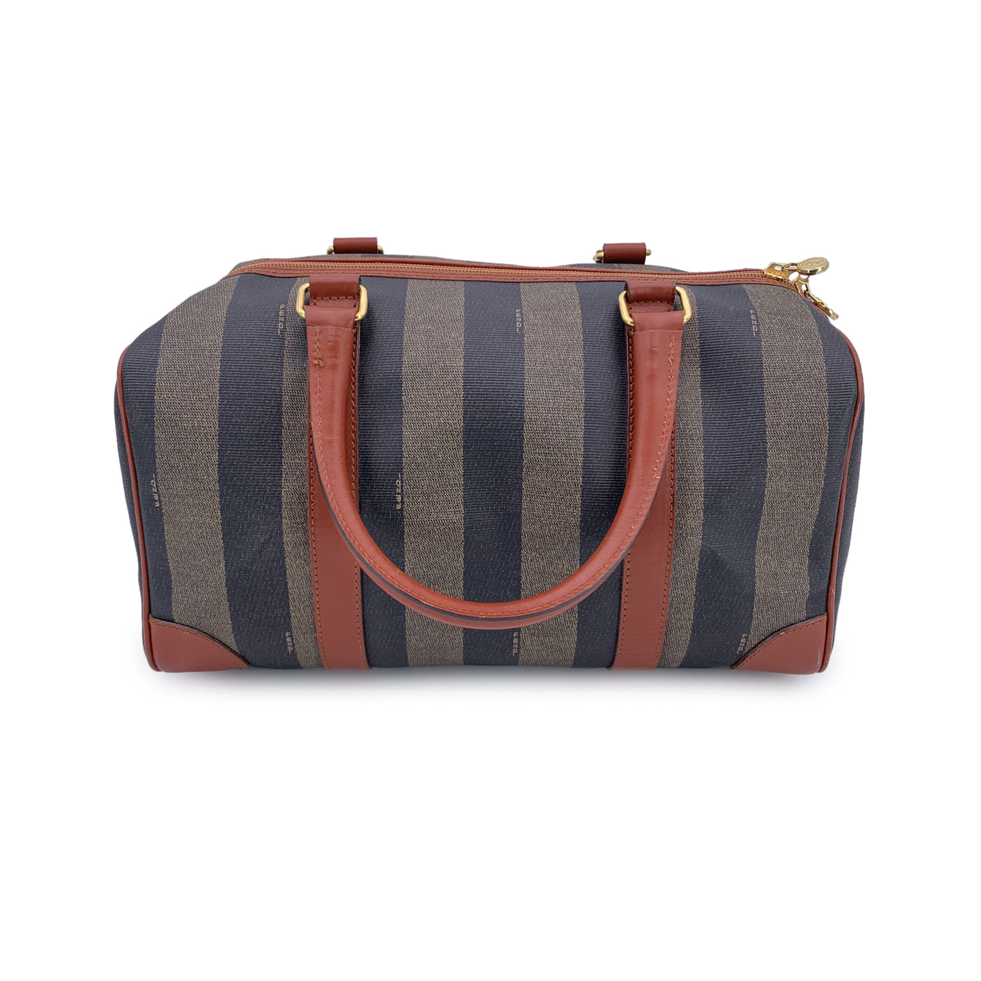 Fendi Vintage Pequin Striped Canvas Brown Leather Boston Bag